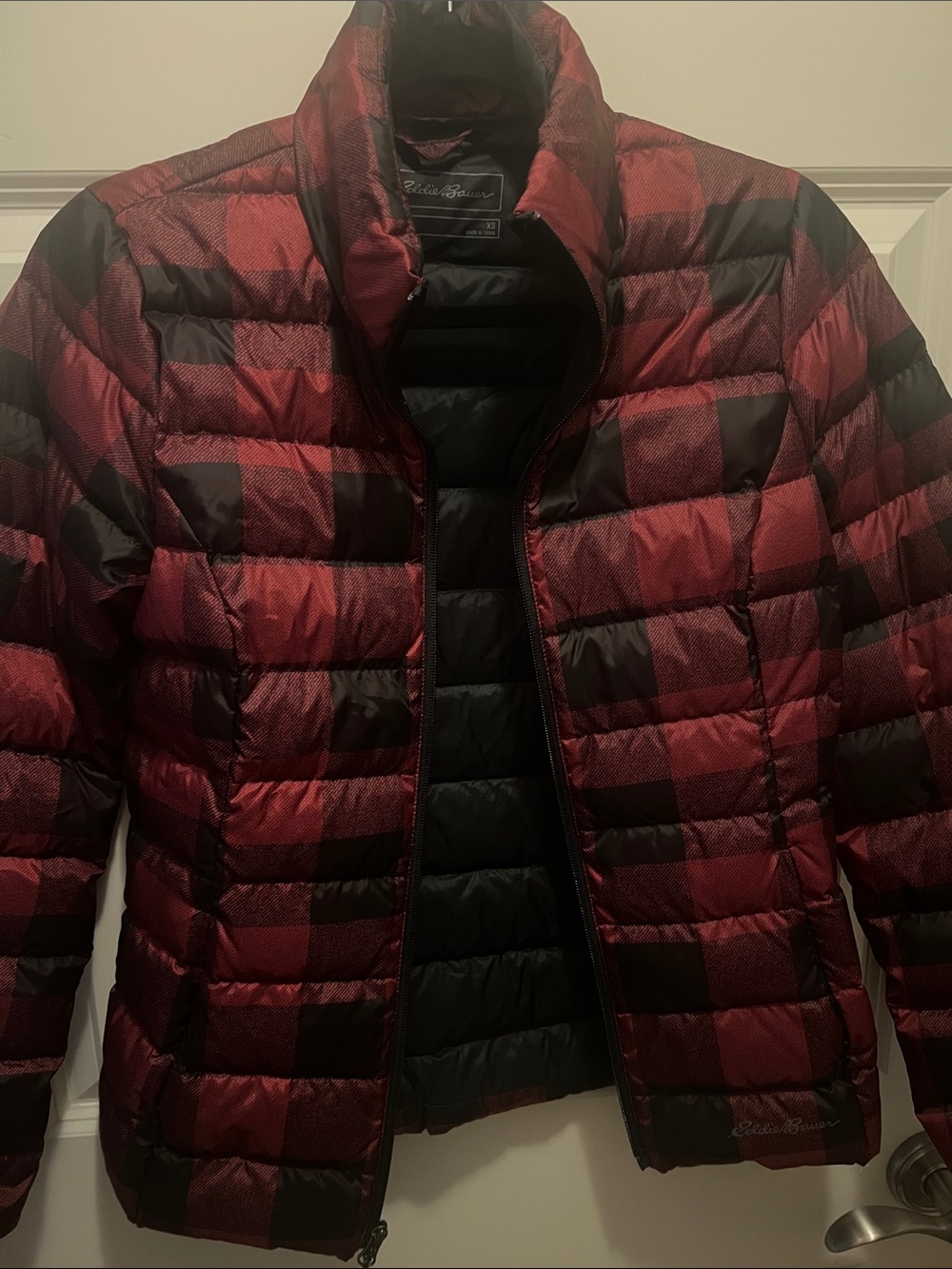 Eddie Bauer Men's Red and Black Buffalo Check Packable Puffer